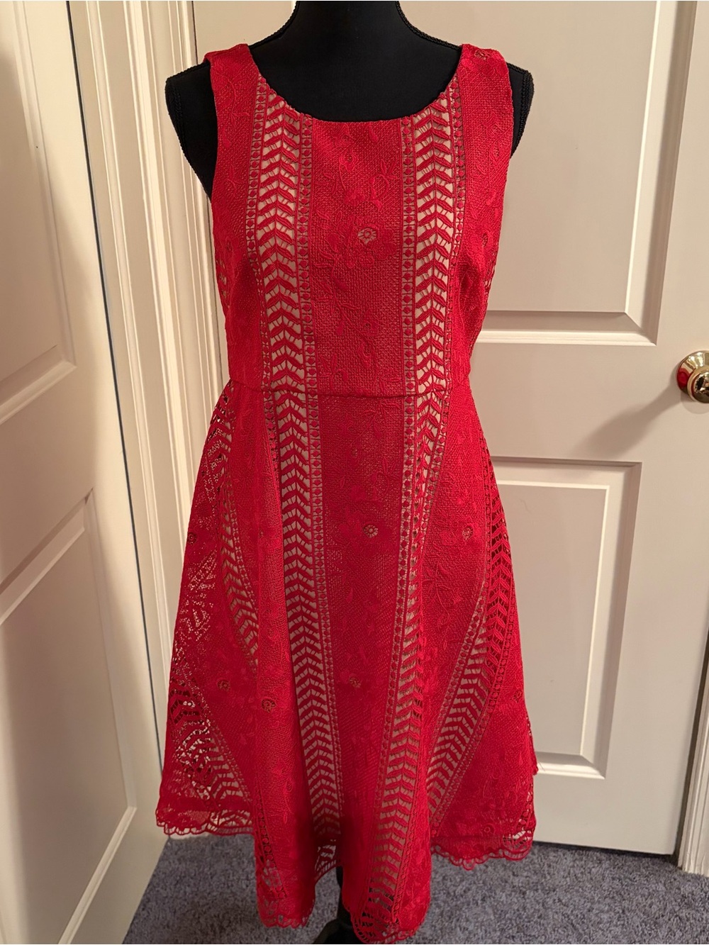 Anthropologie Red Sleeveless Lace-Panel Midi Dress